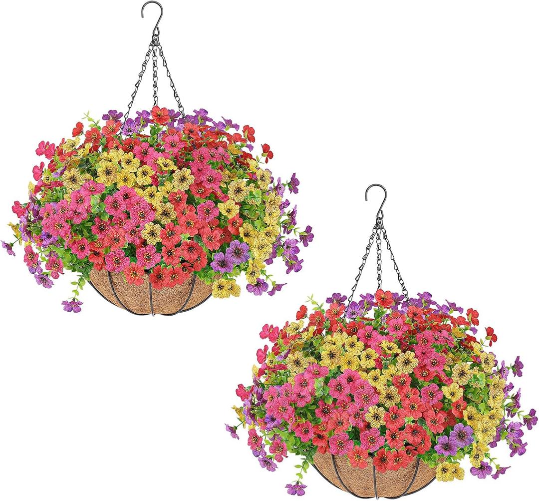Artificial Flowers Hanging Plants in Basket,Artificial Hanging Flowers for Outdoor Indoor Decor,UV Resistant hanging Baskets with Fake Flowers for Spring Summer Patio Garden Porch Deck Home Decor (2PCS, Multi Color)