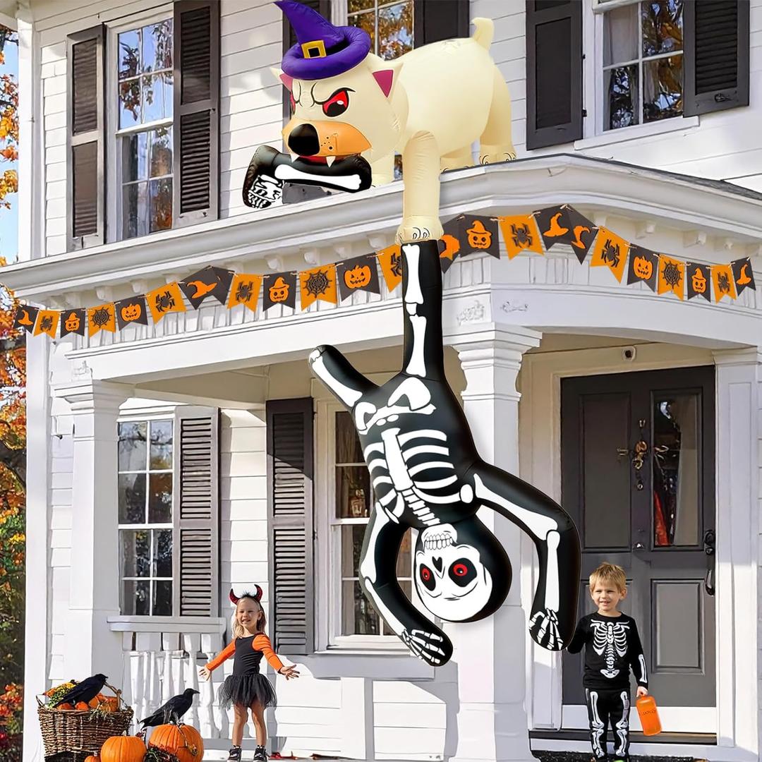 AerWo 8FT Giant Halloween Inflatables Dog Pulling Skeleton, Halloween Blow Up Yard Decorations Built-in Bright LED, Blow Up Skeleton Inflatable Dog for Lawn Garden Roof Porch Decor