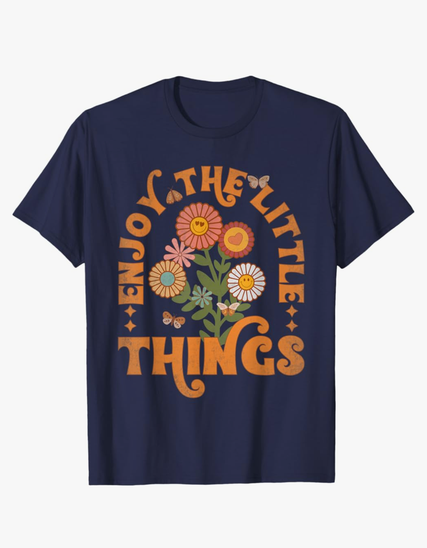 Enjoy The Little Things Vintage Flowers Life T-Shirt Blue, M