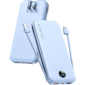 Portable Charger with Built-in Cables and Wall Plug, 12000mAh 22.5W USB C Power Bank Fast Charging with LED Display, External Battery Pack Travel Essentials Compatible with iPhone, iPad, Samsung Blue