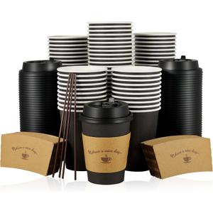 LITOPAK 100 Pack 12 oz Paper Coffee Cups for Hot Chocolate Drinks, Black Disposable Coffee Cups with Lids, Sleeves and Stirring Sticks for Parties, Picnic, Travel, and Events