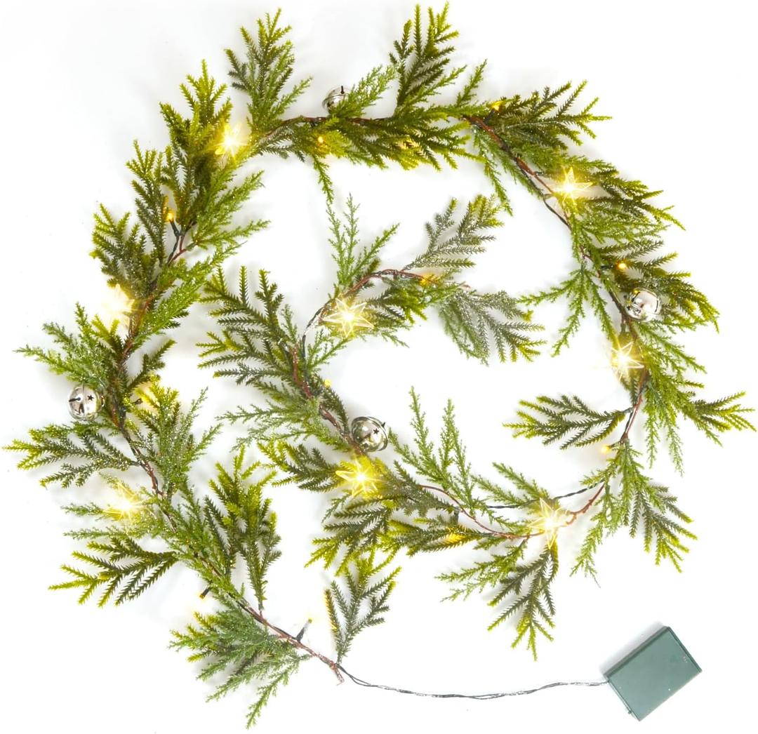 6.4FT Christmas Garland Decorations with Led & Star Lights, Faux Spruce Evergreen Garland Prelit Indoor Christmas Decor with Silver Jingle BellsMantel for Xmas Eve Fireplace Stairs