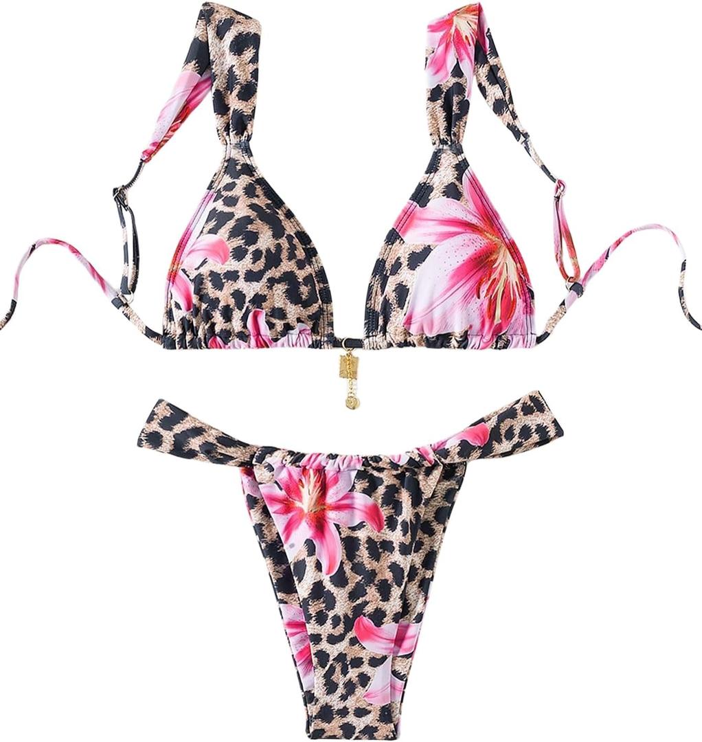 WDIRARA Women's 2 Piece Leopard Print Swimsuits Triangle High Waisted Bathing Suit Brazilian Bikini Sets (Large, Leopard Floral Multicolor)