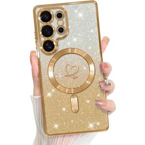 Bonoma Compatible with Samsung Galaxy S25 Ultra Case Support for MagSafe, Plating Heart Glitter Magnetic Case TPU Camera Protection Back Cover for Phone Case -Gold