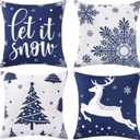 CAROMIO Christmas Decorations Velvet Pillow Covers 18x18 Inch Set of 4 Farmhouse Outdoor Decorative Pillows Winter Holiday Decor Snowflake Xmas Tree Deer Throw Cushion Covers for Sofa Couch, Blue