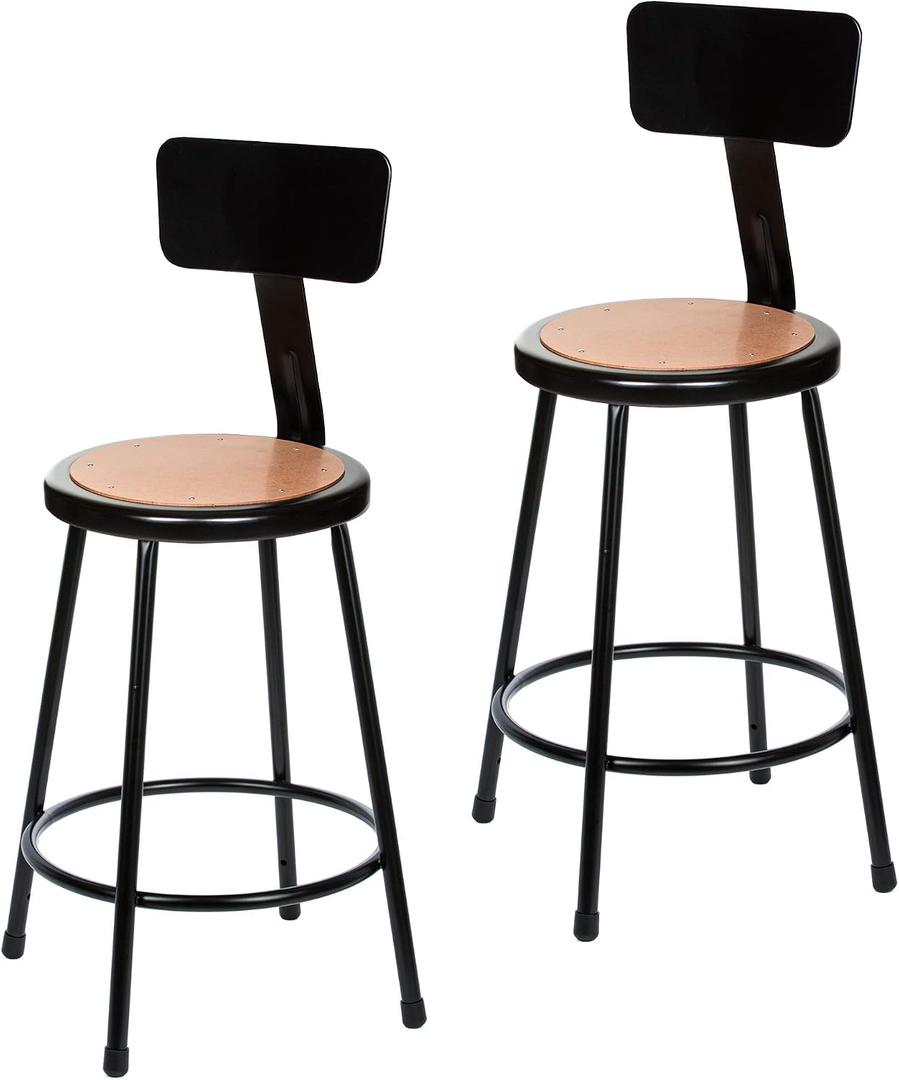 OEF Furnishings OEF6224B-10/2 Preassembled Commercial Steel Round Stool with Backrest and Masonite Wood Seat (24-inch Height, Black Frame, 2-Pack)