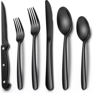 EWFEN 24-Piece Black Silverware Set with Steak Knives, Black Flatware Set for 4, Food-Grade Stainless Steel Tableware Cutlery Set, Mirror Finished Utensil Sets for Home Restaurant, Heavy Duty