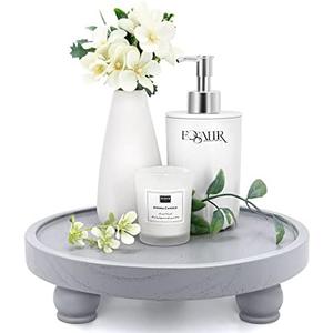 EOSAHR Modern Wooden Risers for Display: Farmhouse Pedestal Stand for Home, Kitchen and Bathroom Counter Decor - Stylish Round Waterproof Decorative Tray for Organize Soap, Sink, Jewelry (Gray)