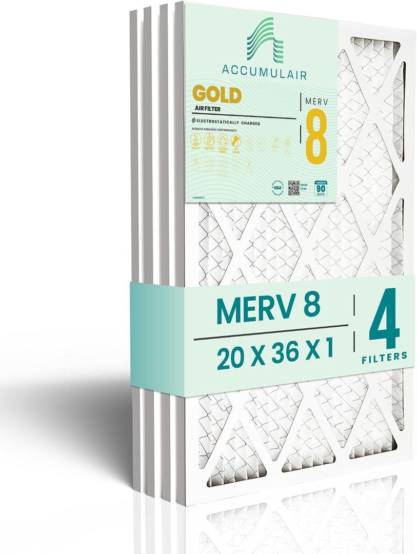 Accumulair Gold 20x36x1 MERV 8 HVAC Air Filter (4-Pack) | Replacement Air Filter for AC and Furnace | Made in USA | Actual Size 19.5 x 35.5 x 0.75