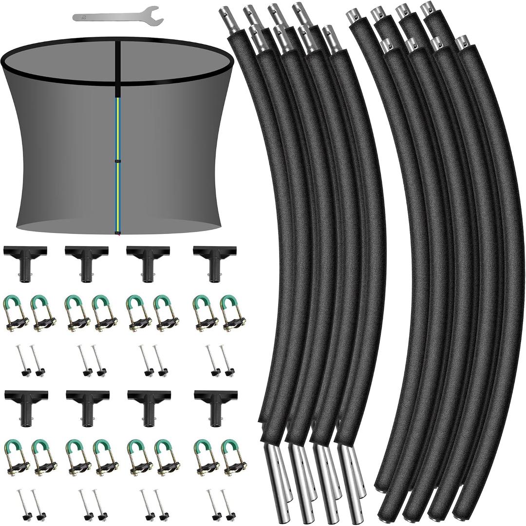 8PCS Trampoline Curved Pole and 12FT Trampoline Net, Universal Trampoline Replacement Enclosure Net with Thicker Pole, Plastic T Connector & Fiberglass Rods Fits 12" Round Frame with 8 Curved Pole