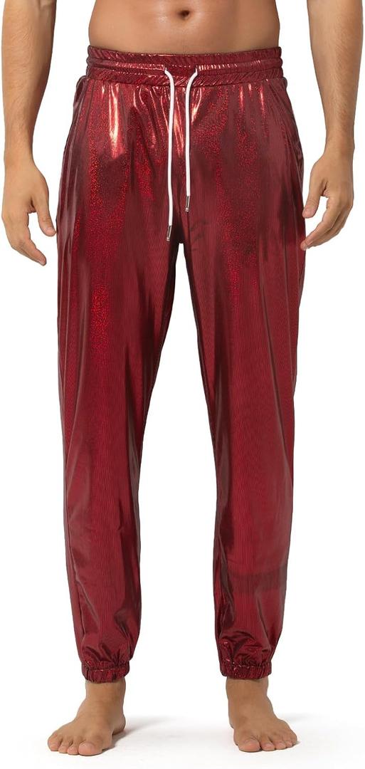 Arjen Kroos Men's Metallic Shiny Jogger Pants Breathable Party Night Club Disco Trousers (Red, Medium)