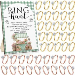 Bucherry 100 Pcs Bridal Shower Diamond Engagement Rings with Rings Hunt Games Sign Wooden Wedding Game Sign Engagement Ring Gift for Guest Bride Shower Table Decoration Cupcake Toppers(Locally Grown)