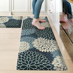 KIMODE Kitchen Mats for Floor Cushioned Anti Fatigue,Boho Floral Kitchen Rugs Sets of 2 Non Slip,Ergonomic Padded Memory Foam Kitchen Floor Mat for Laundry Sink Office Home,Multi Blue (17.3" x 47" + 17.3" x 28"-0.47")