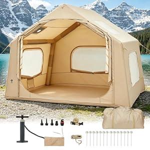 Inflatable Camping Tent for 3-5 Person, Quick Setup Blow Up Tent with Hand Pump, Waterproof 4 Season Air Glamping Tent with Skylight, Mesh Windows & Stove Jack, for Camping, Beach, Outdoor