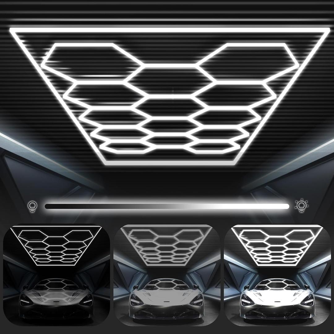 FERUERW Hexagon Garage Lights 3 Level Dimmable with Rectangle Frame, High Brightness 672W 26000 to 86400LM 6500K, 14 Hex Grid for Garage, Shop, Basement, Car Detailing Shop etc. with Mounting Clip