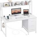 White Computer Desk with Hutch & Drawers - Office Desk with 3 Storage Drawers and Power Outlets, 47 Inch Modern Study Writing Desk for Bedroom Home Office