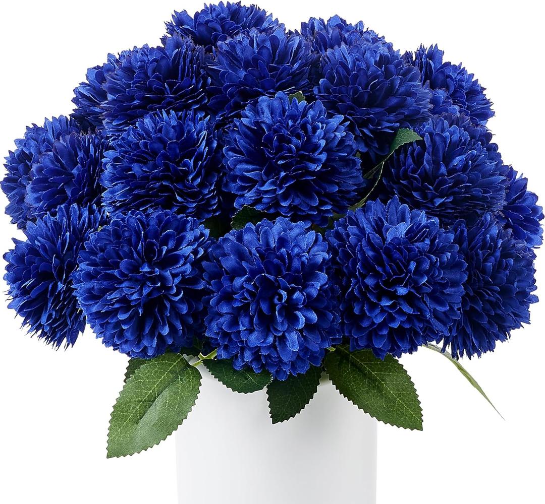 SITUMEIZI 12 Pcs Blue Artificial Chrysanthemums Flowers Ball Flower Fake Mums Silk for Wedding Home Kitchen Decoration Floral Arrangement