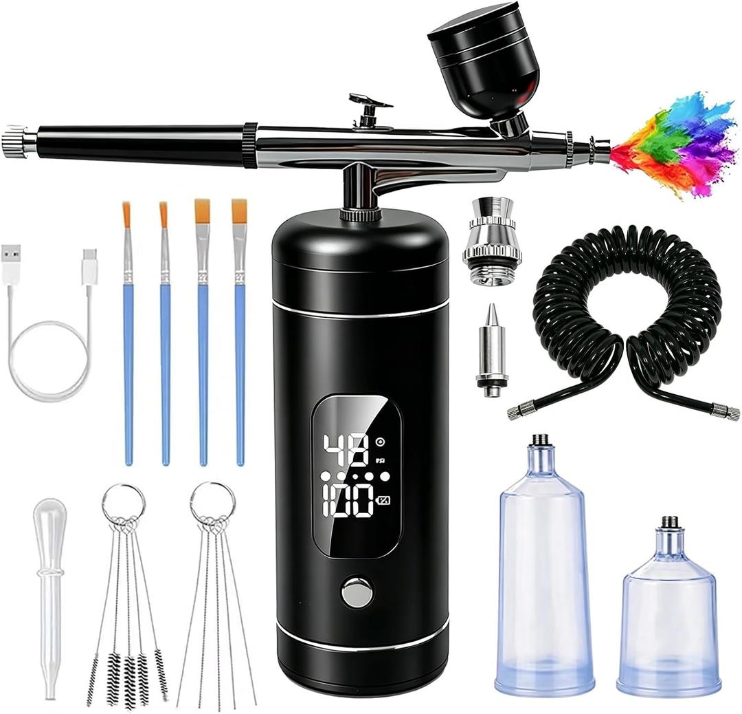 Cordless Airbrush Kit with Compressor,48 PSI High-Pressure, 6000mAh Rechargeable,3-Speed Dual-Action,0.2/0.3/0.5 mm Nozzles & 3 Cups,Non-Clogging for Cake,Models, Makeup,Painting,Nails Art (Black)