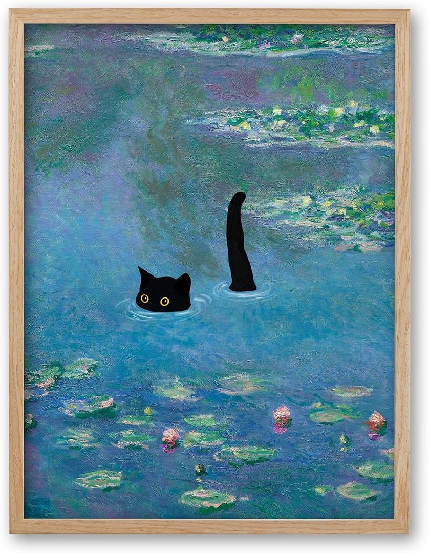 iHery Natural OAK Wood Framed Wall Art, 8x10in Claude Monet Waterlily Funny Black Cat Artwork Set of 1, Canvas Bedroom Wall Decor, Vintage Painting Impressionism Landscape for Bathroom Living Room