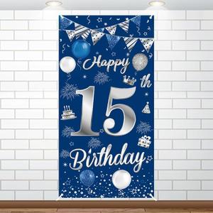 15th Birthday Decorations for Boys Girls Happy 15th Birthday Banner Large Size Blue Silver Birthday Backdrop Banner for 15 Years Old Anniversary Birthday Party Photo Prop Booth Background Deco