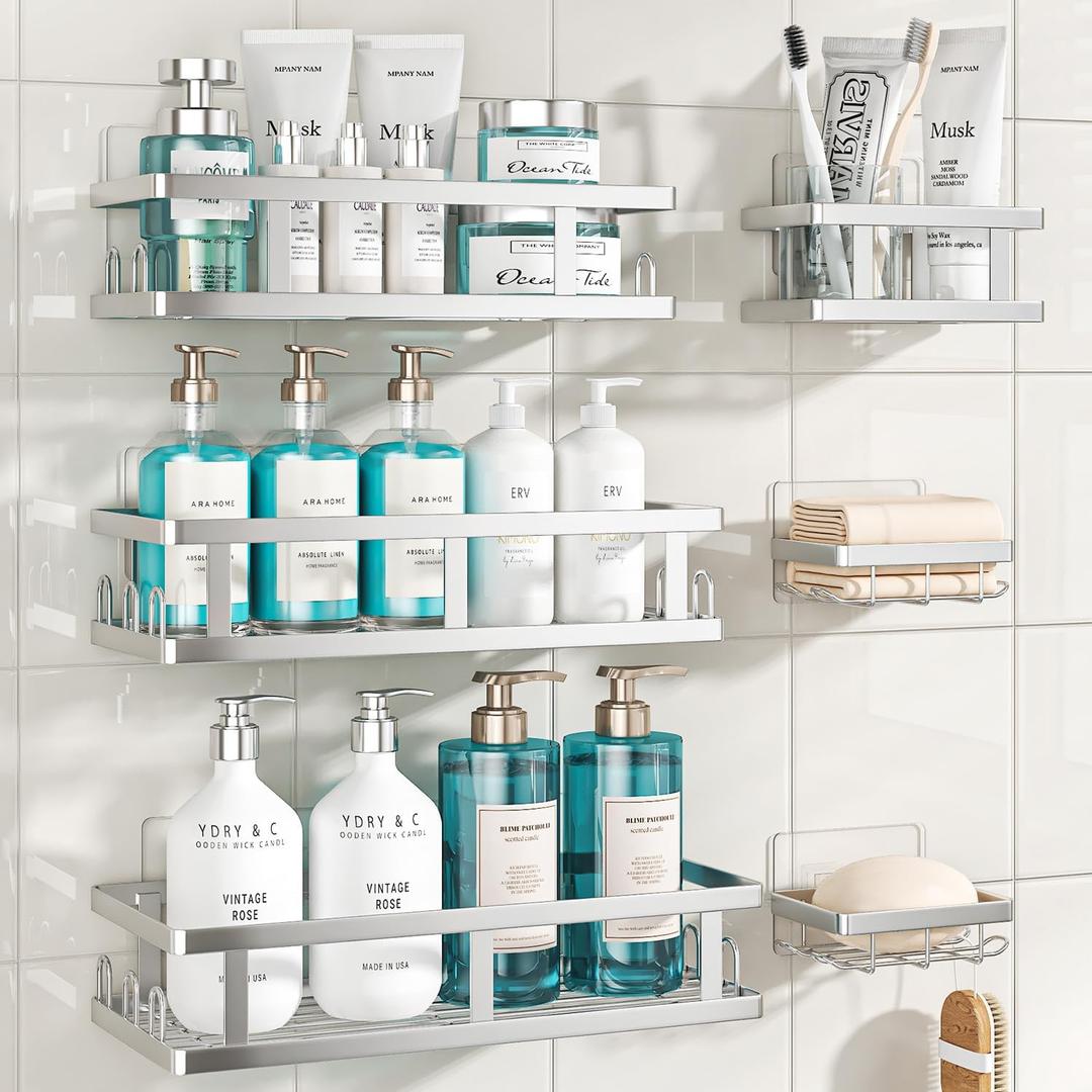 Youvip Shower Caddy 6 Pack, Adhesive Shower Shelves with Soap Holder, No Drilling Rustproof Large Capacity Bathroom Organizers and Storage, Silver