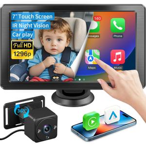1296p Full HD Baby Car Camera, Car Baby Monitor with 7" Touchscreen, CarPlay, No-Glow Night Vision, 150 Wide Angle, Live Rear Seat View, Easy Installation, Fits Most Cars