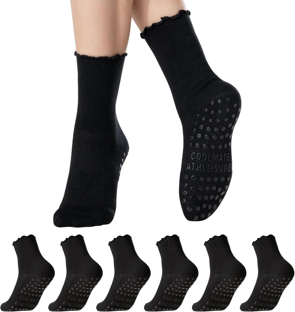 CoolMate 2/ 3/ 4 Pairs Pilates Socks with Grips for Women, Cute Yoga Socks, Crew Non Slip Women for Barre, Pilates Gifts (US, Numeric, 6, 10, Regular, Regular, 3 Pairs Black)