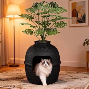 Hidden Litter Box with Faux Plant, Large Cat Litter Box with Rattan Pattern, Heavy Duty PP Material Litter Box Enclosure Furniture for Home Decor, Black