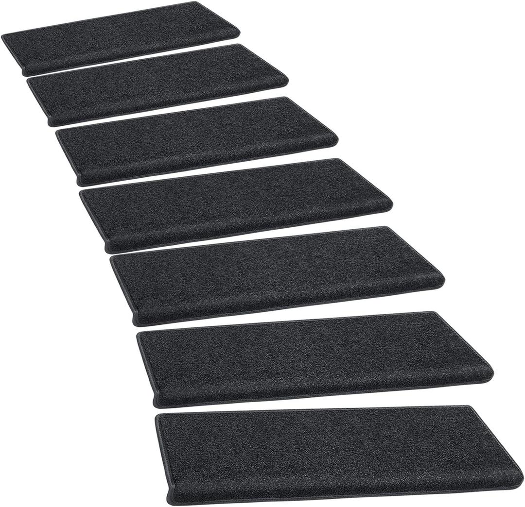 PURE ERA Bullnose Carpet Stair Treads Set Tape Free Non-Slip Indoor Stair Protectors Pet Friendly Rugs Covers Soft Skid Resistant Washable Reusable 9.5" x 30"(14 Pieces,Black), 14 Pieces with Bullnose