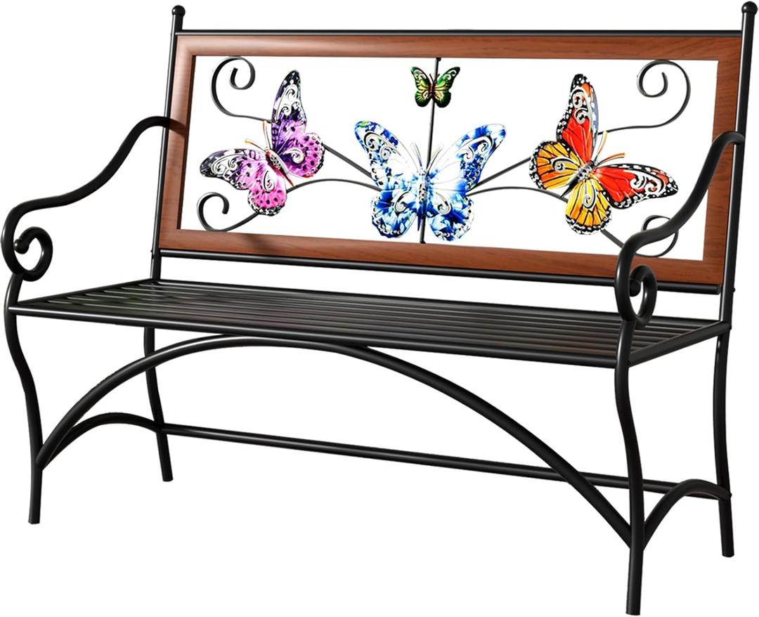 39.7" Outdoor Bench, Garden Bench, Patio Bench with Armrest, Slatted Seat and Butterfly Pattern Backrest for Outside, Front Porch, Park, Lawn, Backyard and Balcony, Cast Iron Metal Frame, Black, Two-seater