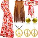 Haull 7 Pcs 60s 70s Disco Hippie Outfits for Women Halloween Costume Set Boho Flared Pants Fringe Vest Peace Sign (Large)
