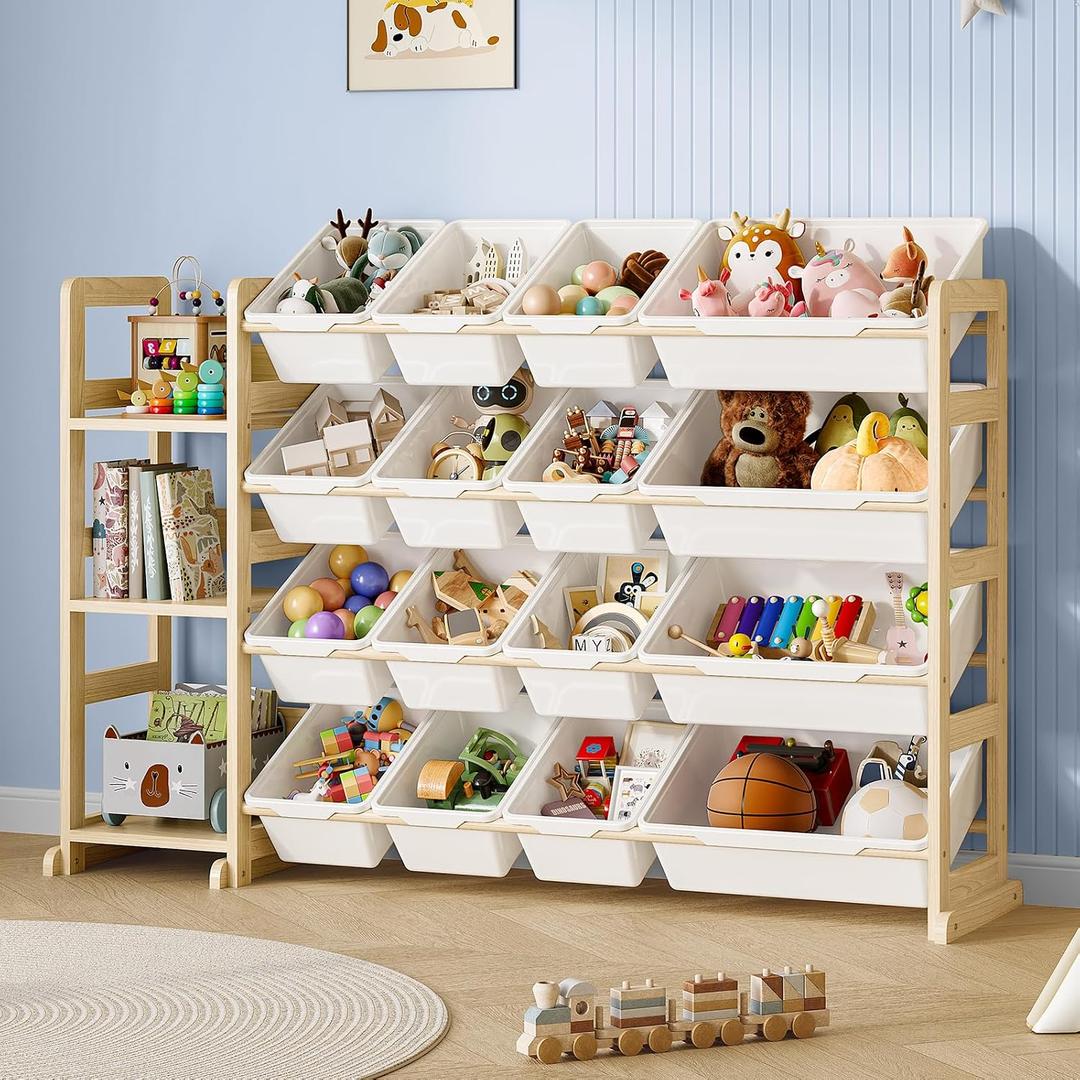 EXPERLAM Toy Storage Organizer, Toy Storage Shelf with 3 Shelves and 16 Storage Bins (12 Small + 4 Large), 3-in-1 Kids Bookshelf for Kids Rooms, Playroom, Nursery, White
