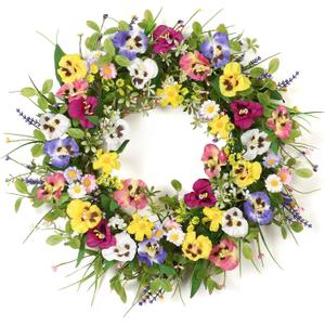 Summer Wreaths for Front Door 20 Inch Artificial Flower Pansy Wreath with Green Leaves Daisy Lavender Fern Wreaths Silk Summer Door Wreath for Farmhouse Outdoor Festival Wall Decor