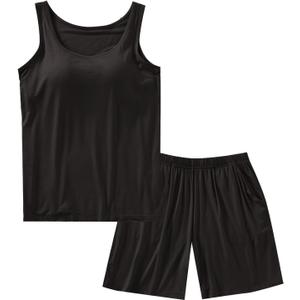 ASHER FASHION Pajamas for Women Two Piece Modal Loungewear Casual Tank Top & Shorts Sleepwear PJ Set with Built-in Bra (Large, Black)