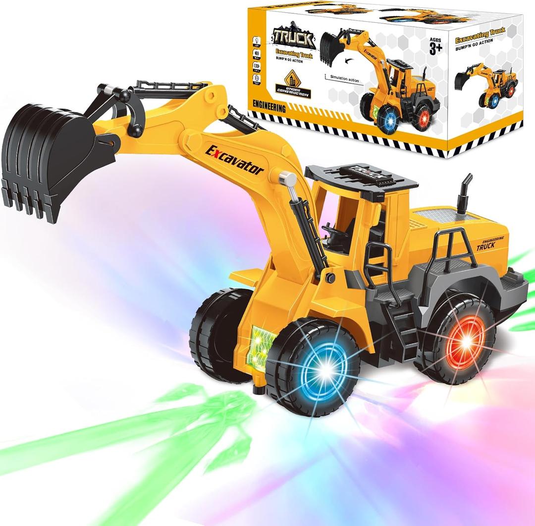 Car Toys for Toddlers, Excavator Toy with 2 Flashing Lights Music, Toy Trucks Construction Vehicle with 1 Moving Arm, Baby Toys for 3 4 5 6 Year Old Boys, Kids Valentine's Day Easter Birthday Gifts