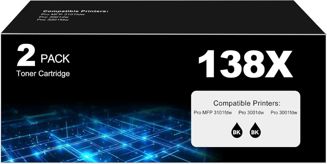 138X Black Toner Cartridge Pro MFP 3101fdw Black Toner Compatible for HP 138X Black Toner Cartridge for HP138X W1380X for Pro 3001dw 3101sdw Toner 2 Pack (with Chip) (High Yield)