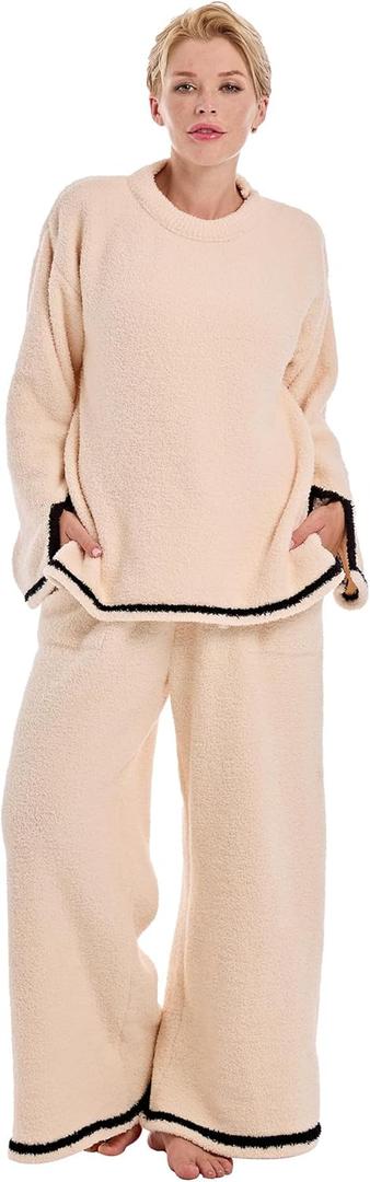 Womens Fleece 2 Piece Pajamas Fuzzy Long Sleeve Crewneck Wide Leg Winter Sherpa Lounge Sets For Women (XL)