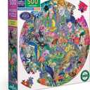 eeBoo Piece & Love: Paradise Garden - 500 Piece Puzzle - 23" Round Jigsaw, Vibrant Bird & Nature Collage Artwork, Eco-Friendly, Playlist, Adult & Kids