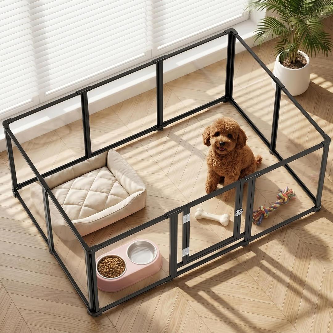 Clear Acrylic Dog Play Pen Indoor Pet Enclosure for Small Dogs & Cats, Outdoor Use with Door, Easy Assemble & Cleaning