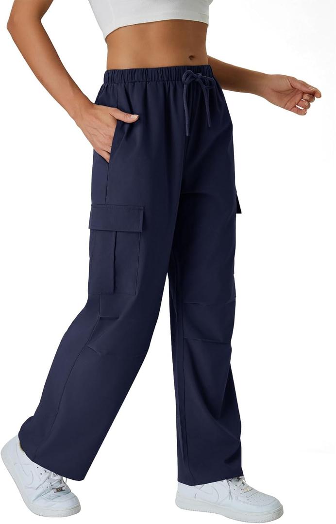 keriffe Women's Cargo Pants Quick Dry Lightweight Water-Resistant Hiking Pants Elastic High Waisted Drawstring 4 Pockets (Navy Blue)