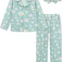 CARETOO Kids Pajamas Girl Button down Long Sleeve Long Pants with Headband Girls' Pajama Sets Green Daisy Nightwear Sleepwear Gift Girls Pajamas Size 10-12