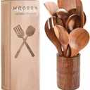 Wooden Kitchen Utensil Set, 10-Piece with Holder, Mixing Spoon, Strainer, Salad Fork, Spatula, Fried Spatula, Soup Ladle, Serving Spoon and more