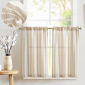 jinchan Taupe Striped Linen Kitchen Curtains 24 Inch Cafe Tier Curtains Balanced Stripe Farmhouse Small Drapes for Bathroom Laundry Over Sink Half Window Light Filtering 2 Panels Tan on Linen