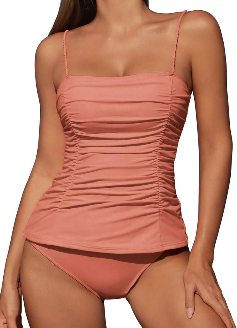 ZAFUL Womens Tankini Swimsuits 2025 Spaghetti Strap Two Pieces Ruched Top Tummy Control High Waisted Bottom Bathing Suits (Medium, 1-pink)