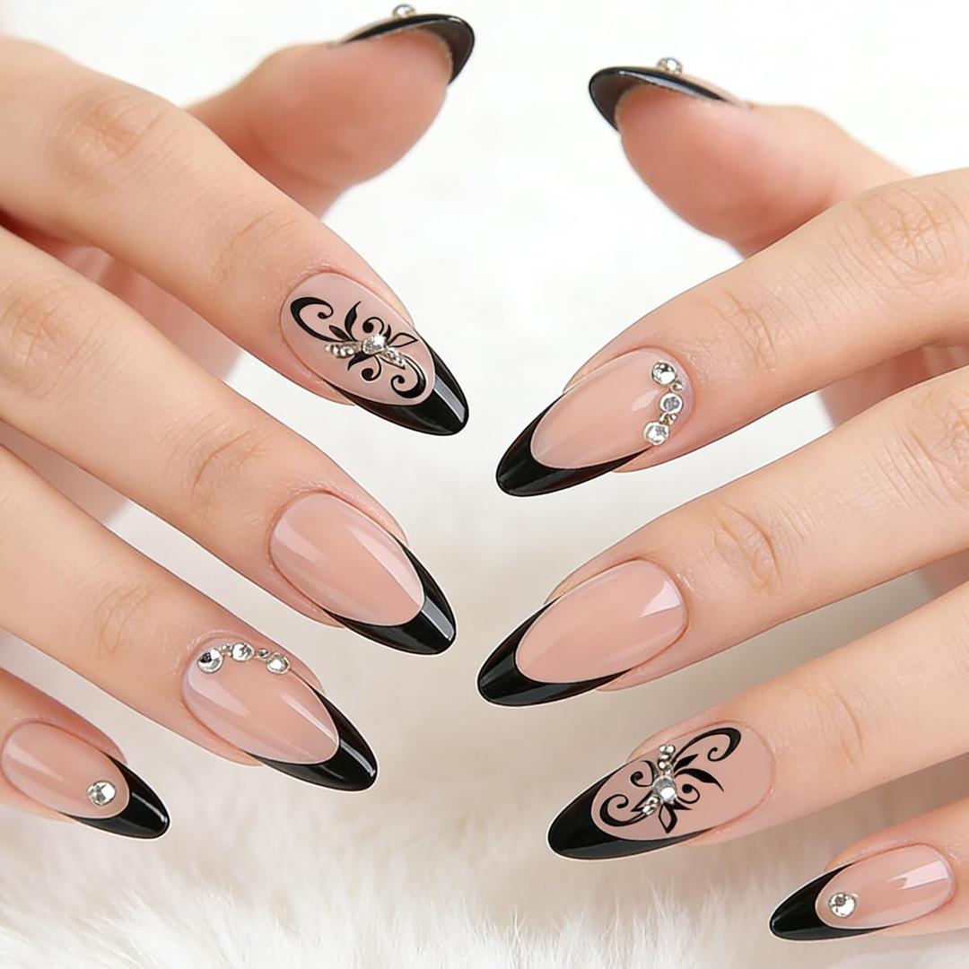 Black French Tip Press on Nails - Medium Almond Fake Nails Press ons with Black Flower & Rhinestones Designs, Glossy Acrylic Nails Full Cover Reusable Glue on Nails for Women Manicure 24Pcs