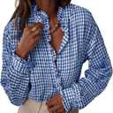 Astylish Womens Plaid Ruffle V Neck Button Down Blouse Casual Long Sleeve Gingham Trendy Tops Work Checkered Shirt (Blue), Size Medium