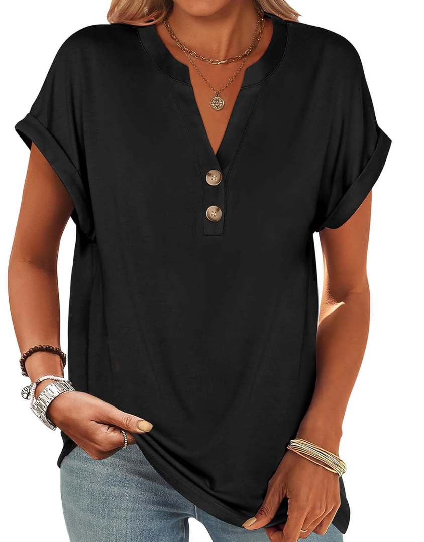 ANRABESS Womens Short Sleeve Henley Tops V Neck Dressy Casual Blouses Summer Trendy Tee Shirts 2025 Vacation Fashion Clothes, L, Black