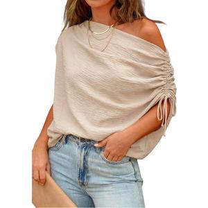 CHICME Off Shoulder Tops for Women Summer Skew Neck Blouse Adjustable Drawstring Sleeve Loose Fit Casual Top (Beige, L)