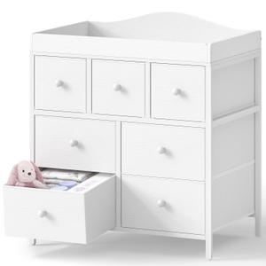 BOLUO Changing Table Dresser with Storage, Baby Dresser with Changing Table Top Diaper Changing Station with 7 Fabric Drawers for Nursery Modern