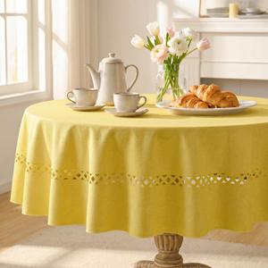 Horaldaily Yellow Farmhouse Style Tablecloth with Decorative Cutouts, 60×60 Inch Round Polyester Table Cloth, Wrinkle Resistant Washable Table Cover for Dining Wedding and Outdoor
